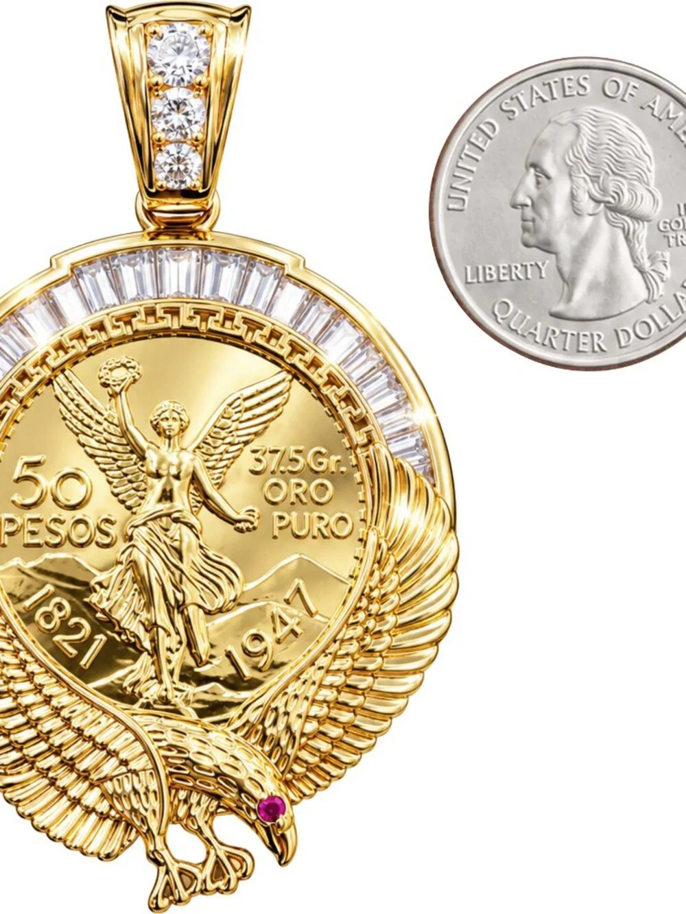 14k Yellow Gold Plated AAACubic Zirconia Mexican Centenario 50 Peso Coin Pendant